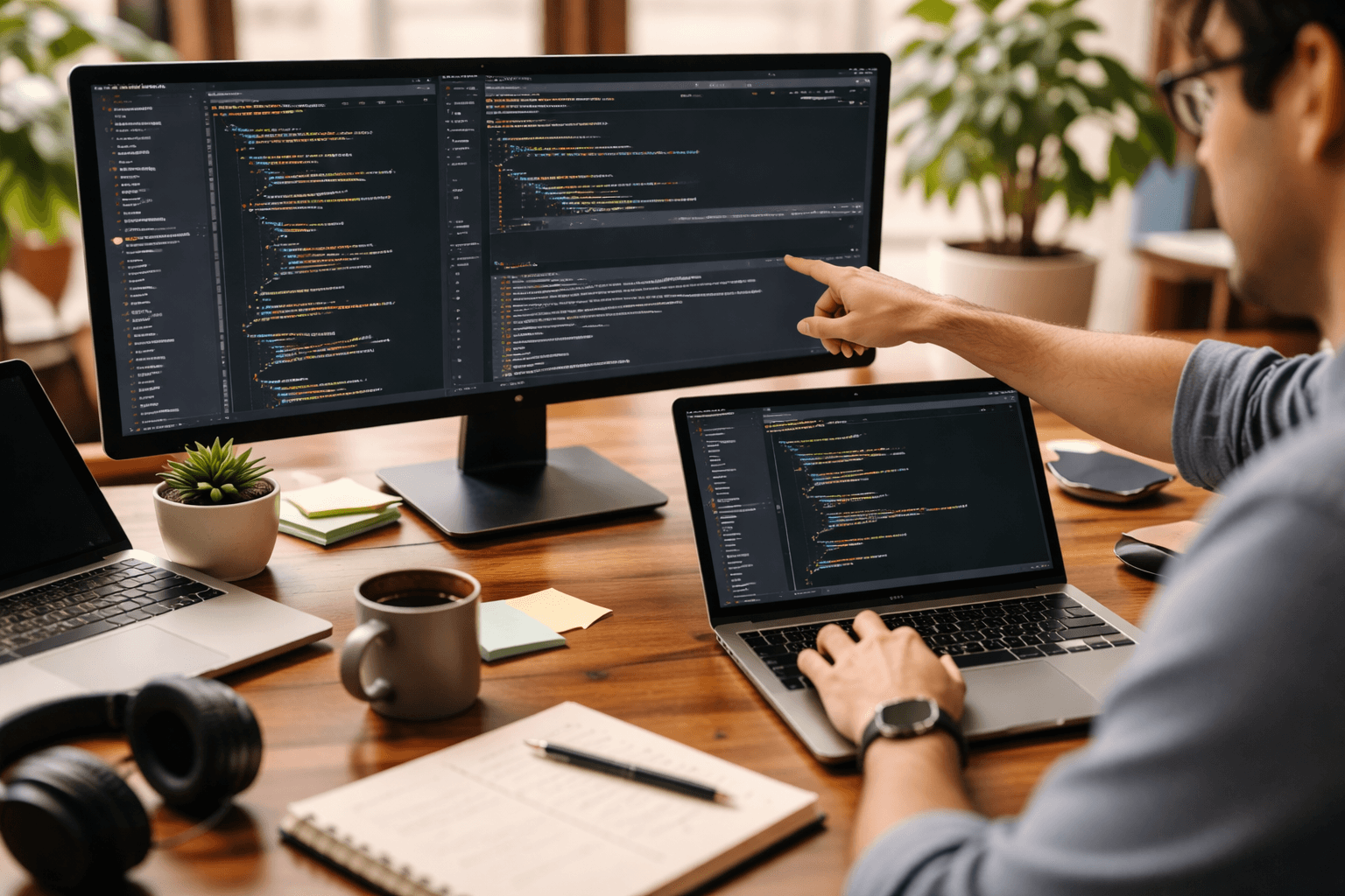 Team collaborating at a work desk